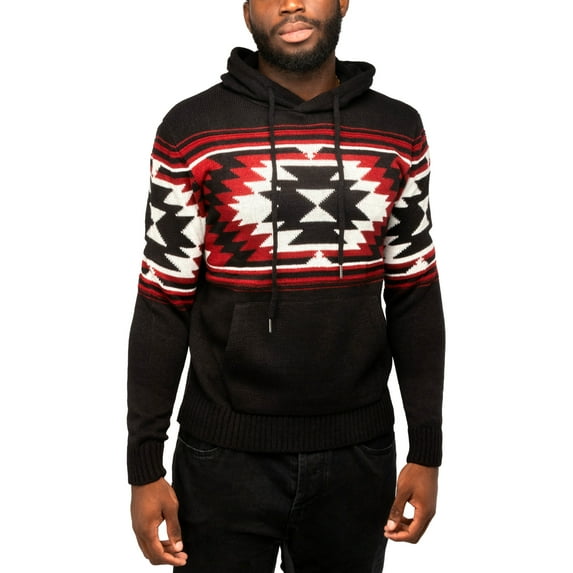 X RAY JEANS Mens Aztec Hooded Sweater, Black, S