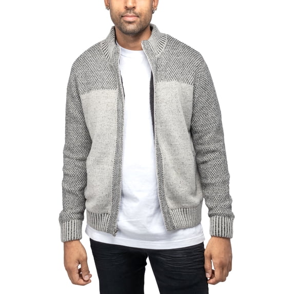 X RAY JEANS Mens Color Blocked Full-Zip High Neck Sweater Jacket, Oatmeal, M