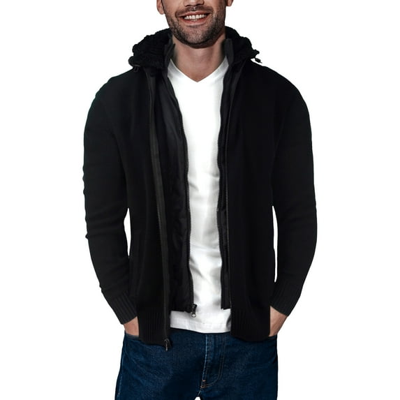 X RAY JEANS Mens Full-Zip Sweater Jacket With Fluffy Fleece Lined Hood, Black, 2XL