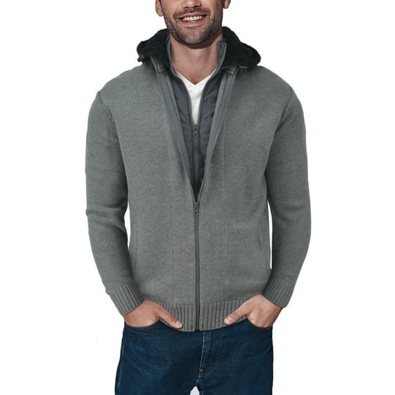 X RAY Men's Mock Neck Full Zip Cardigan Sweater, Slim Fit Knit Jacket, Grey - Double Zip With Hood, Small
