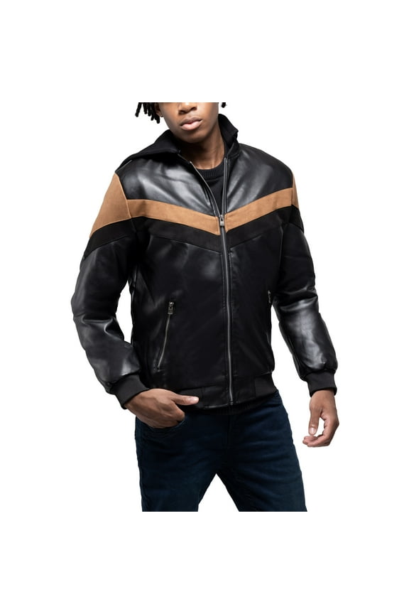 Jeans Mens Shiny PU Hooded Jacket with Faux Suede Detailing with Faux Shearling Lining, Black/Brown, L