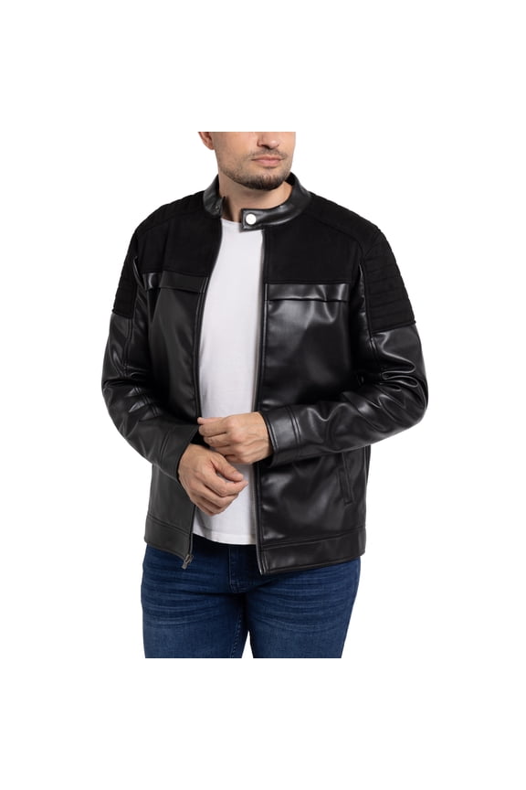 Jeans Mens Shiny PU Jacket with Faux Suede Detailing with Faux Shearling Lining, Black/Black, M