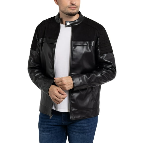 X RAY Jeans Mens Shiny PU Jacket with Faux Suede Detailing with Faux Shearling Lining, Black/Black, S