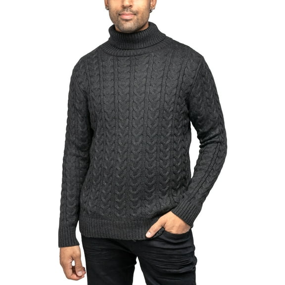 X RAY JEANS Mens Cable Knit Roll Neck Sweater, Charcoal, S