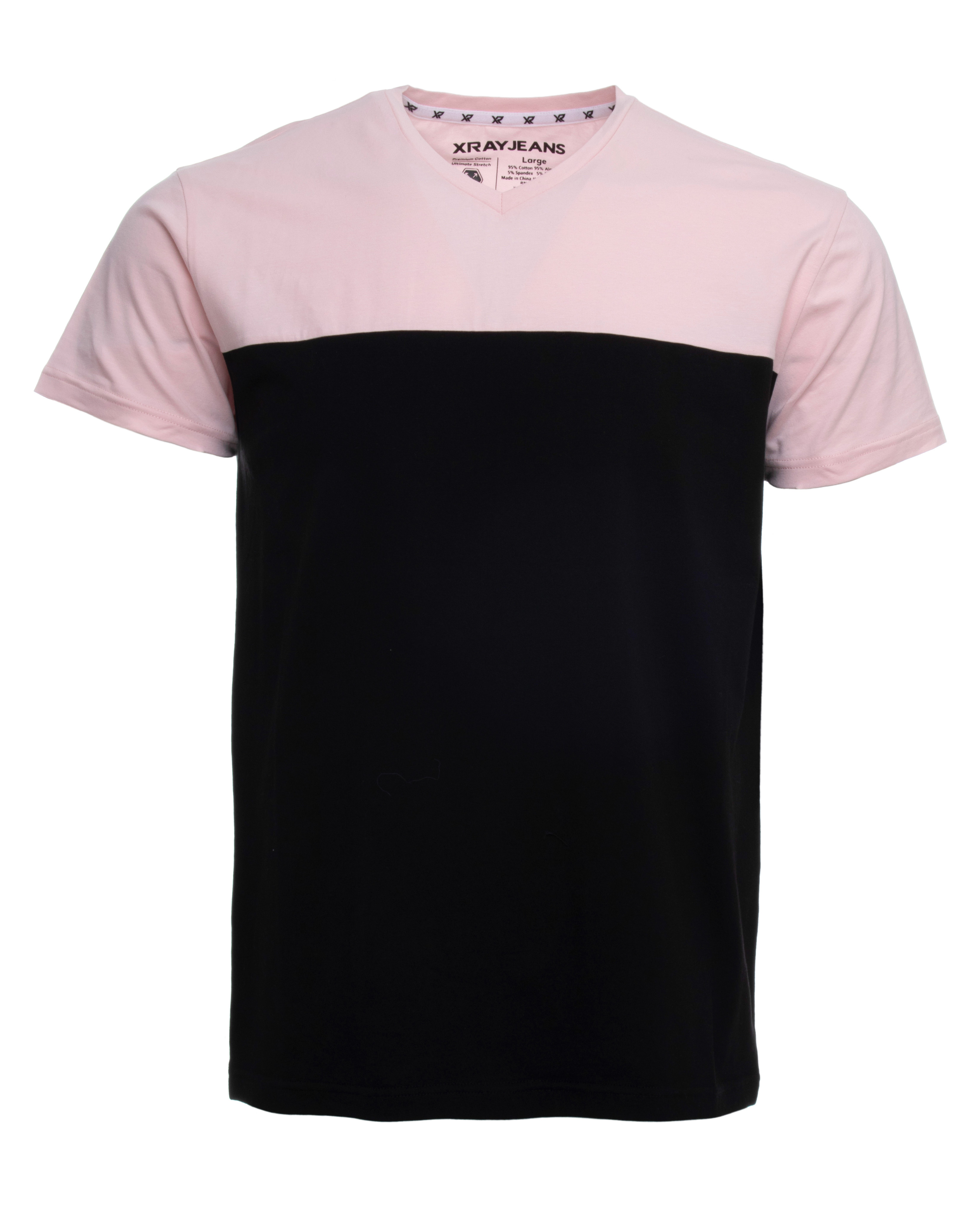 X RAY Men's Soft Stretch Cotton Solid Colorblock Short Sleeve V-Neck Slim Fit T-Shirt, Fashion Sport Casual Tee for Men, Black/Baby Pink Size Medium - image 1 of 4