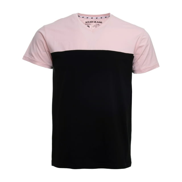 X RAY Men's Soft Stretch Cotton Solid Colorblock Short Sleeve V-Neck Slim Fit T-Shirt, Fashion Sport Casual Tee for Men, Black/Baby Pink Size Medium