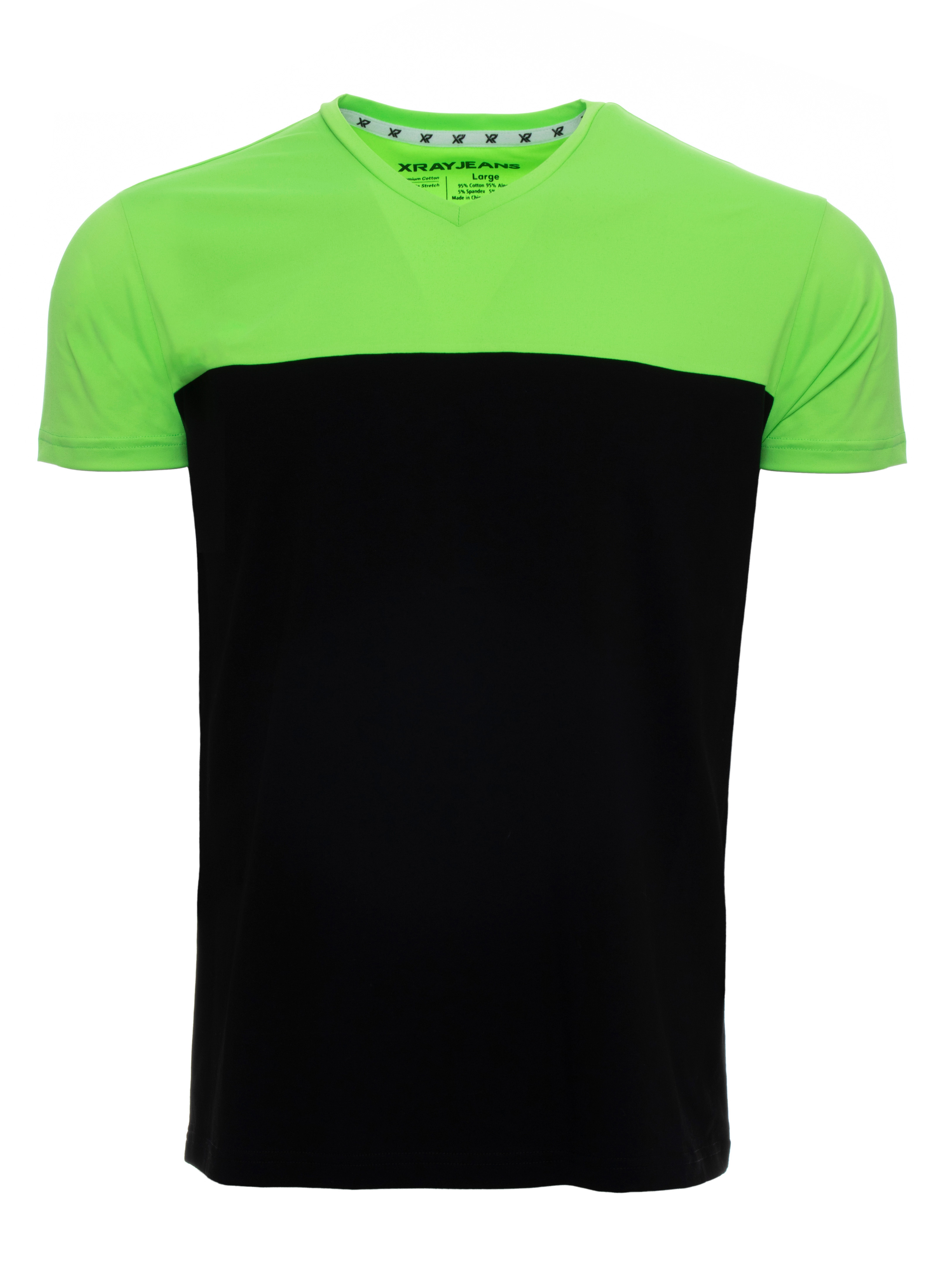 X RAY Men's Soft Stretch Cotton Solid Colorblock Short Sleeve V-Neck Slim Fit T-Shirt, Fashion Sport Casual Tee for Men, Black/Neon Green Size Large - image 1 of 4