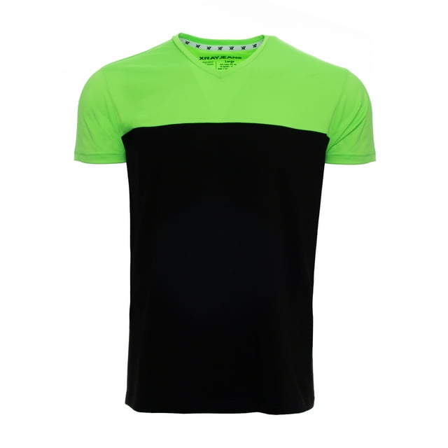 X RAY Men's Soft Stretch Cotton Solid Colorblock Short Sleeve V-Neck Slim Fit T-Shirt, Fashion Sport Casual Tee for Men, Black/Neon Green Size Large