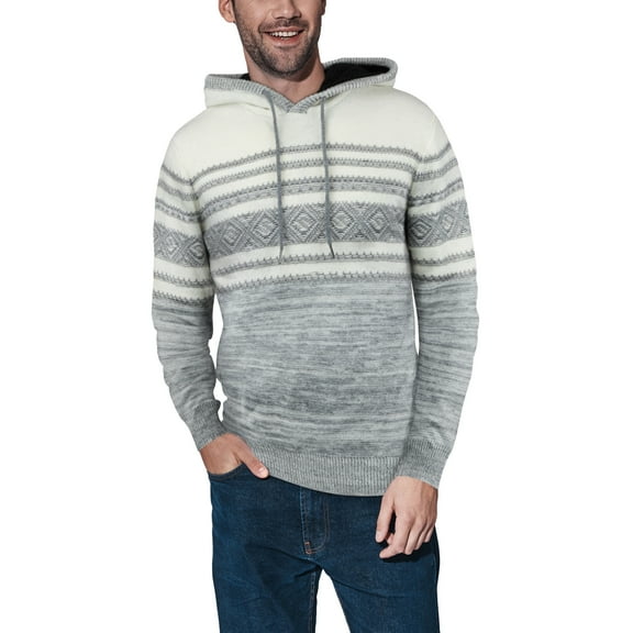 X RAY JEANS Mens Stripe Pattern Hooded Sweater, Grey, L
