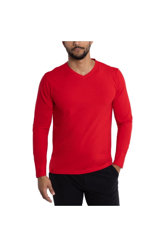 JEANS Mens Long Sleeve V-Neck T-Shirt, Racer Red, 2XL