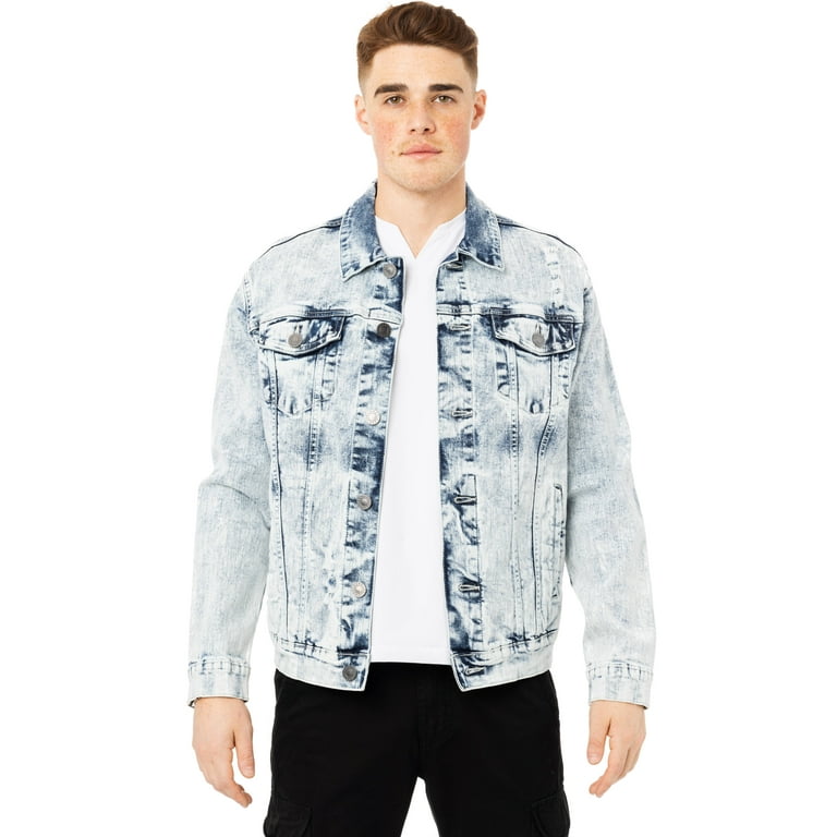 Mens light wash shop distressed denim jacket