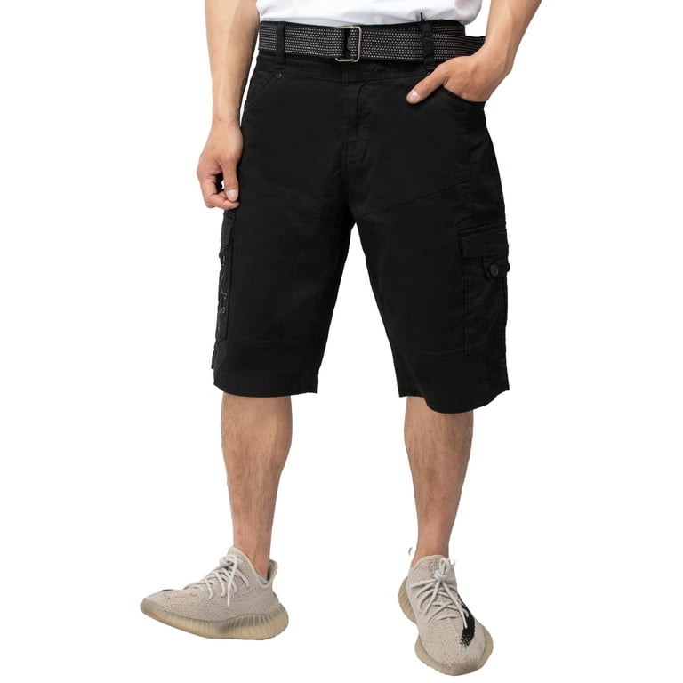 X RAY Mens Stretch Comfort Cargo Shorts 12.5 Inseam Knee Length Classic Fit  Multi Pocket, With Belt - Jet Black, 36 