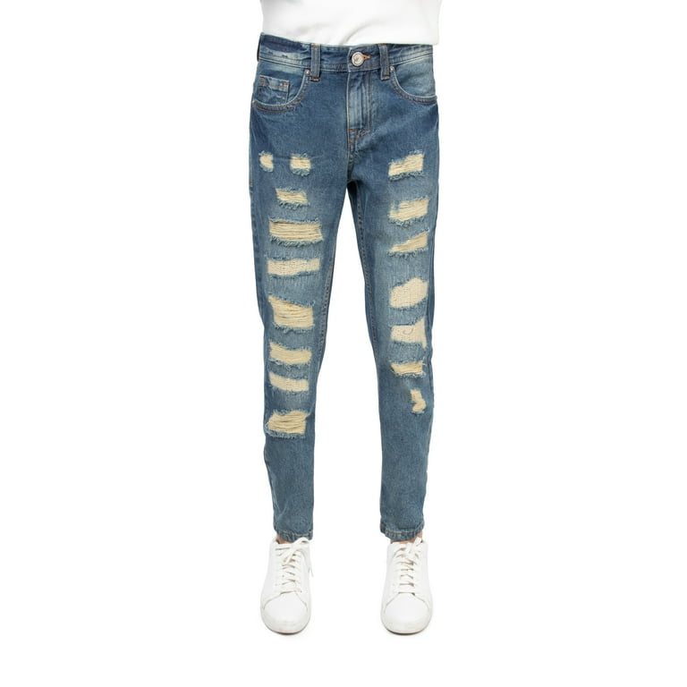 X RAY Skinny Ripped Jeans for Boys Distressed Slim Fit Denim Pants, Blue  Heavy Rips Non-Stretch, Size 18 