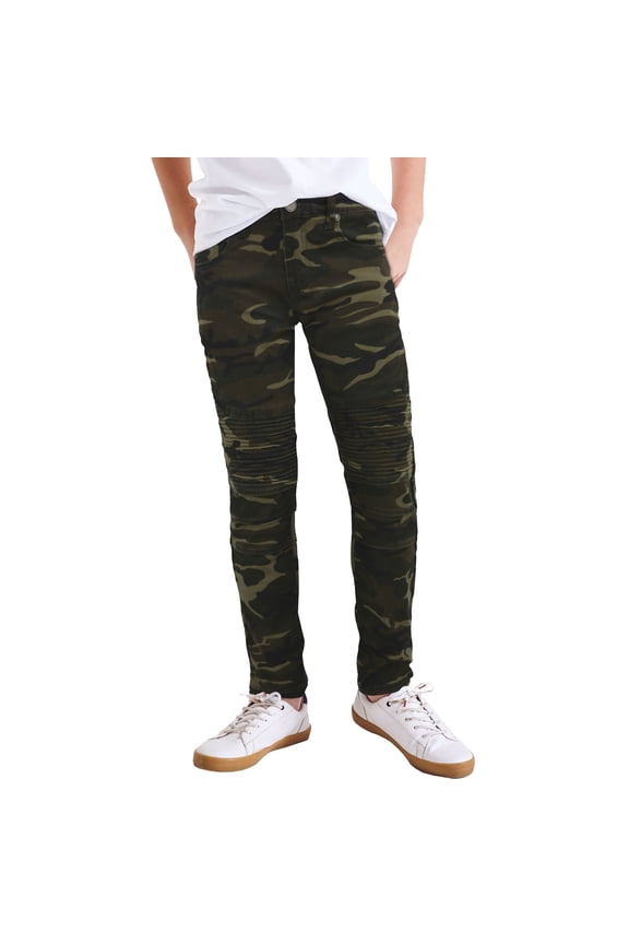 JEANS Boy's Moto Fashion Jeans, Olive Camo, 14