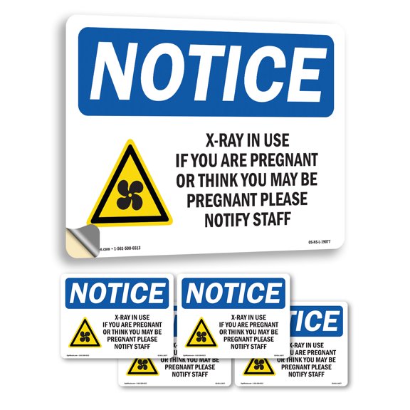 X-Ray In Use If You Are Pregnant Sign With Symbol OSHA Notice Vinyl Decal Label 7 Inch x 5 Inch - 5 Pack