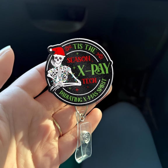 X-Ray Tech Christmas Badge Reel, Radiology Skeleton Badge, RT Radiologic Technologist Holiday ID Holder, Funny Radiology Christmas Gift