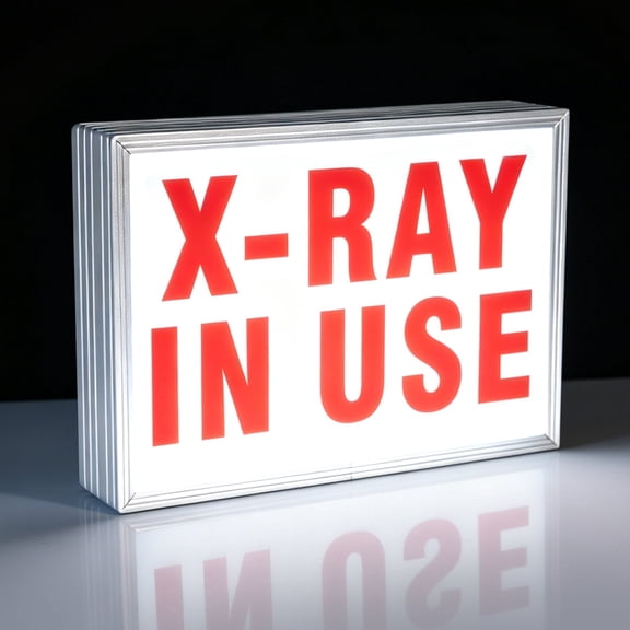 X-Ray in Use LED Warning Sign 15.5 x 7.5 in, Metal Housing with Plastic Front, Hardwired 100-240V AC, Low Power 2.5W SMD LED for Medical and Industrial Areas