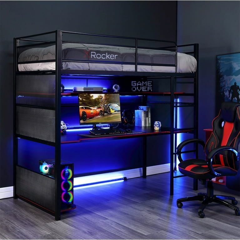 X Rocker Gaming Bunk Bed, Twin Metal with Underneath Desk, Shelves