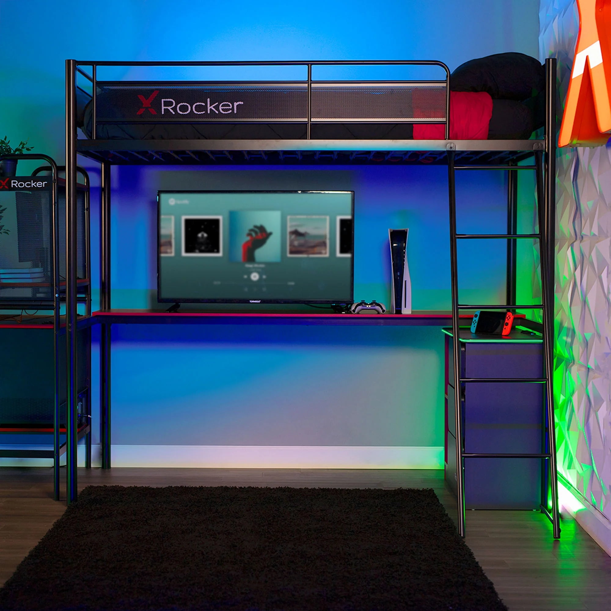 X Rocker HQ Twin Gaming Bunk Bed for Kids Room, with Builtin Shelving