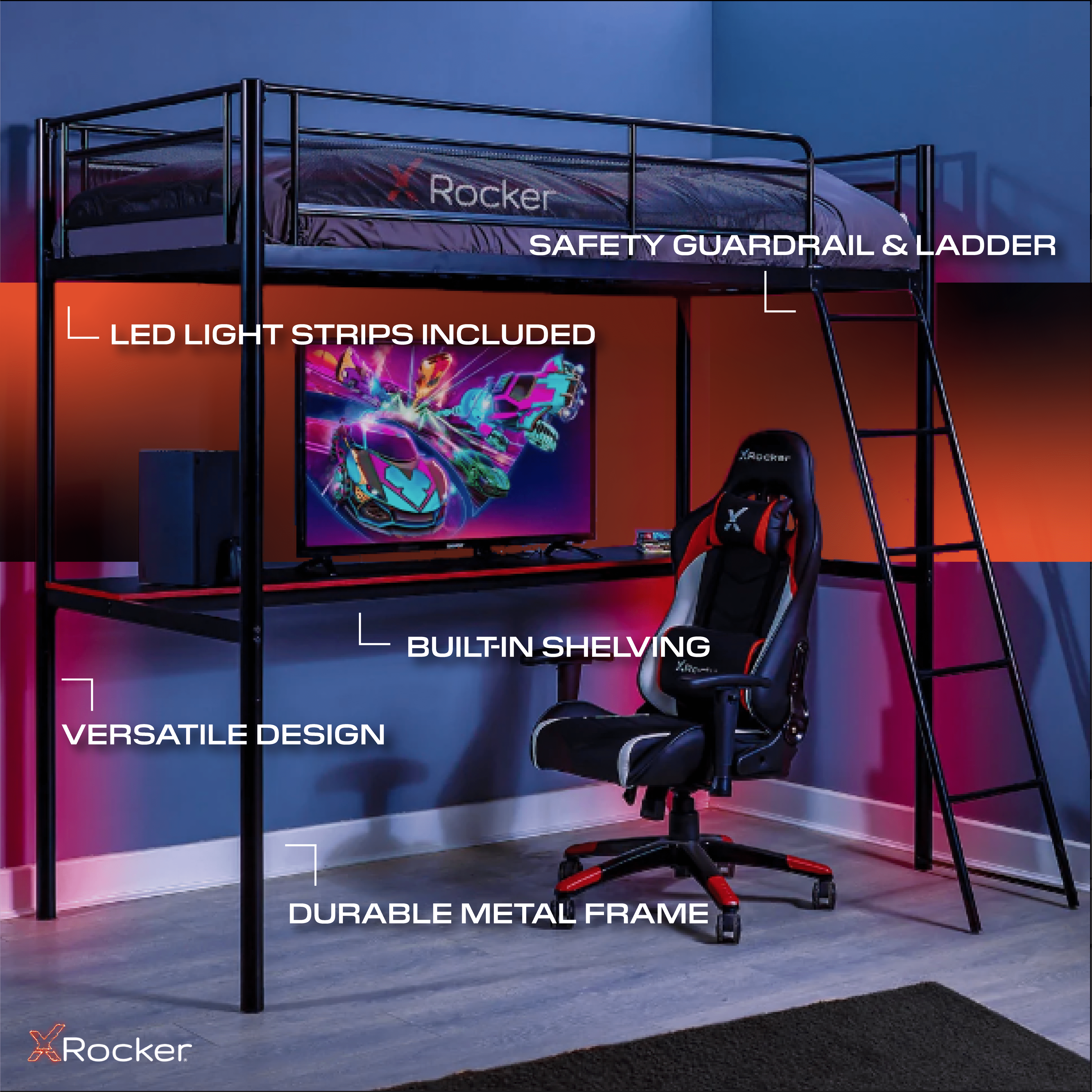 X Rocker HQ Twin Gaming Bunk Bed for Kids Room, wi