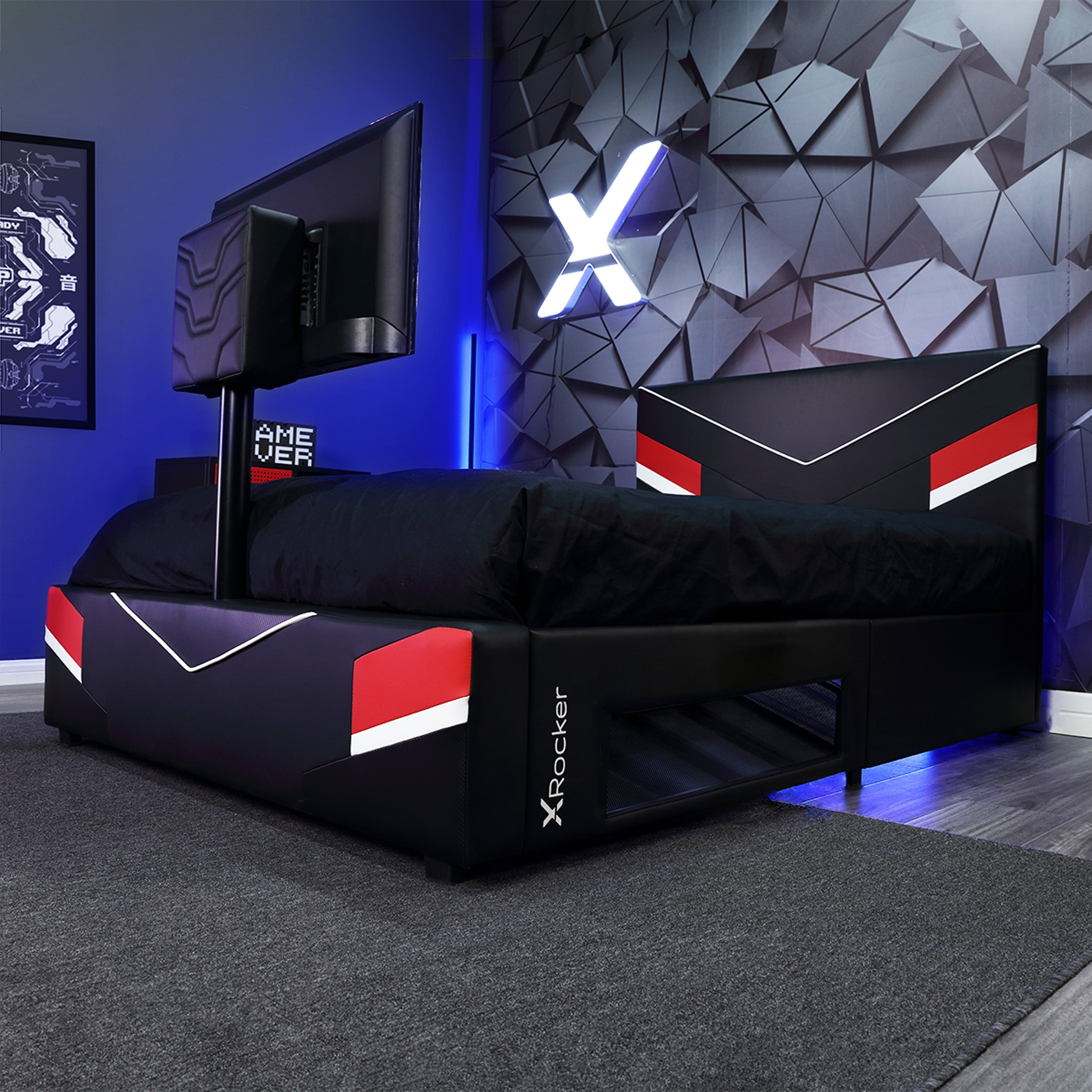 "X Rocker Orion eSports Gamer Youth Bed Frame with TV Mount, Black/Red