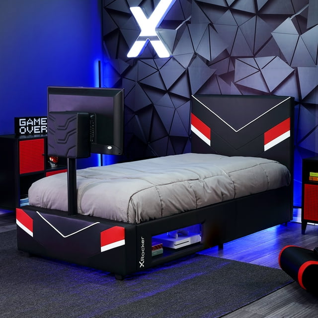 X Rocker Orion eSports Gaming Bed Frame, TV Mount, Twin, Black/Red