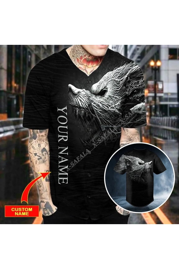 X-SAFALA Black White Werewolf Viking 3D Print Baseball Jersey Shirt T-Shirts Top Tee Men S