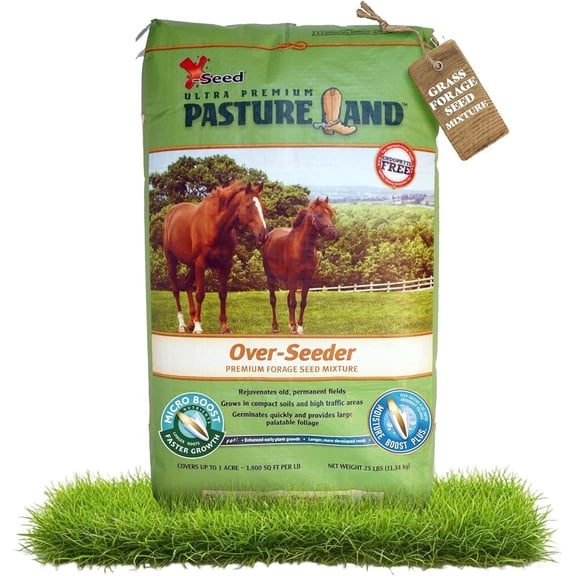 X-Seed Land Over-Seeder Pasture Forage Seed Mix, Endophyte Free for Healthier Livestock Grazing, Clover Food Plot Orchardgrass Perennial Planting Micro Boost Seed For Faster Growth, 25 lb Bag - Green