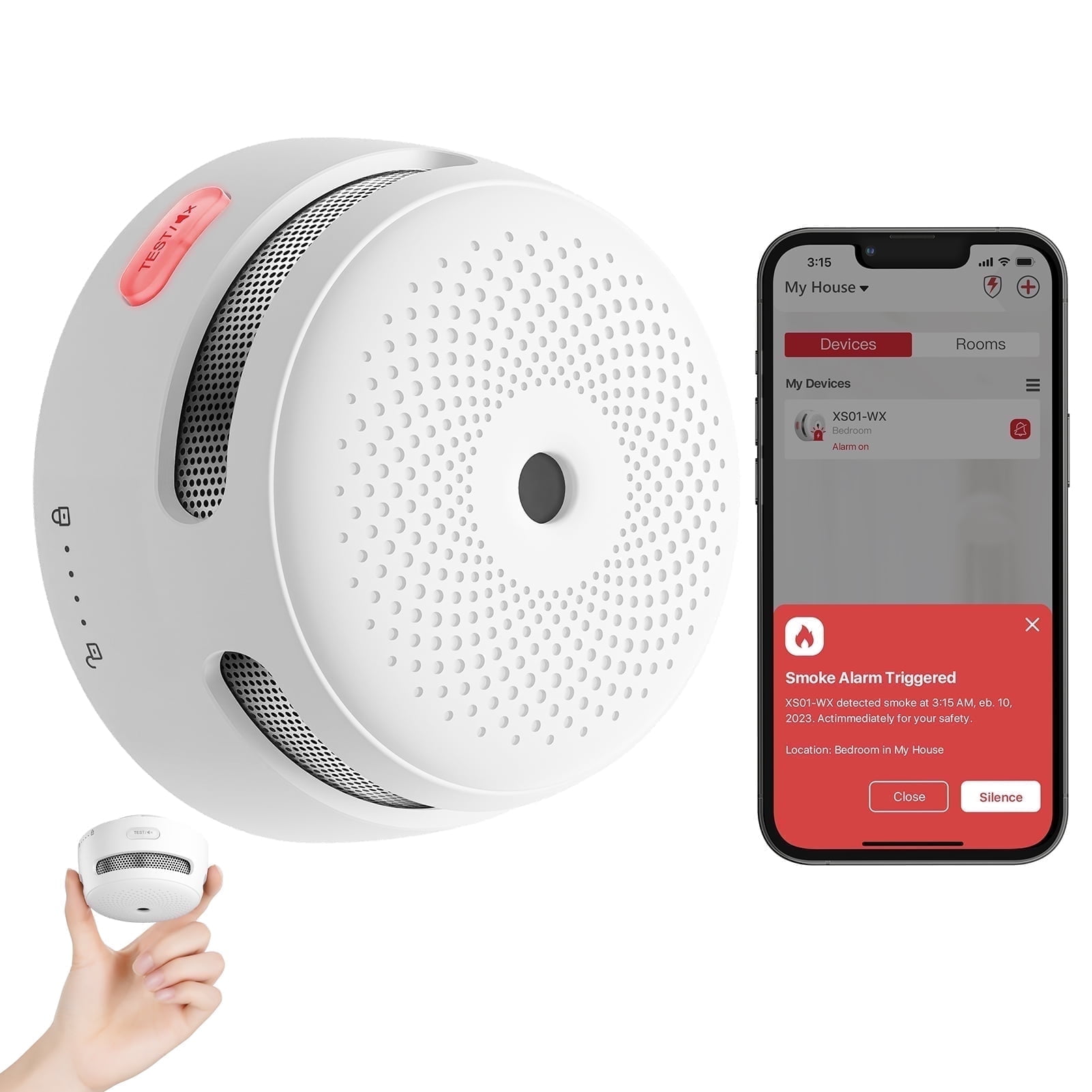 Compact White Wi-Fi Smart Smoke Detector with Replaceable Battery