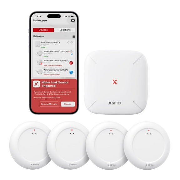 X-Sense Wi-Fi Water Leak Detector Kit, Smart Water Sensor with App Alerts, Ultra-Slim Water Alarm for Basement, Kitchen & Bathroom, 4 Water Sensors + 1 Base Station, White