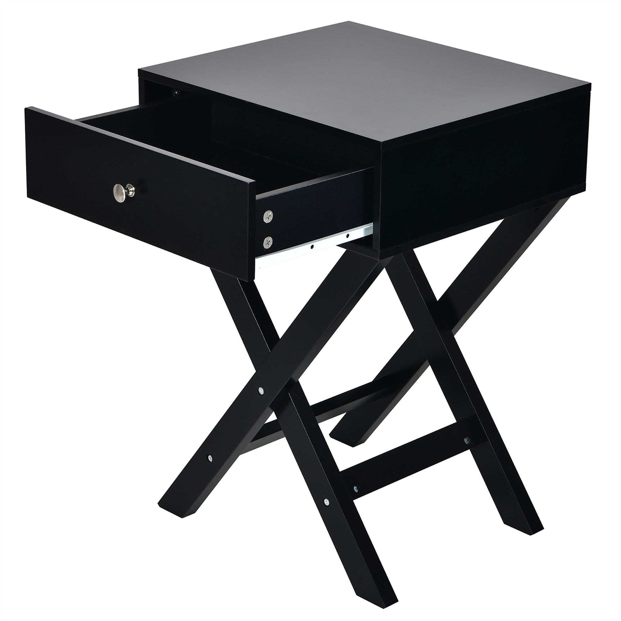 X Shaped End Table Modern Nightstand Sofa Side Table with Drawer Black