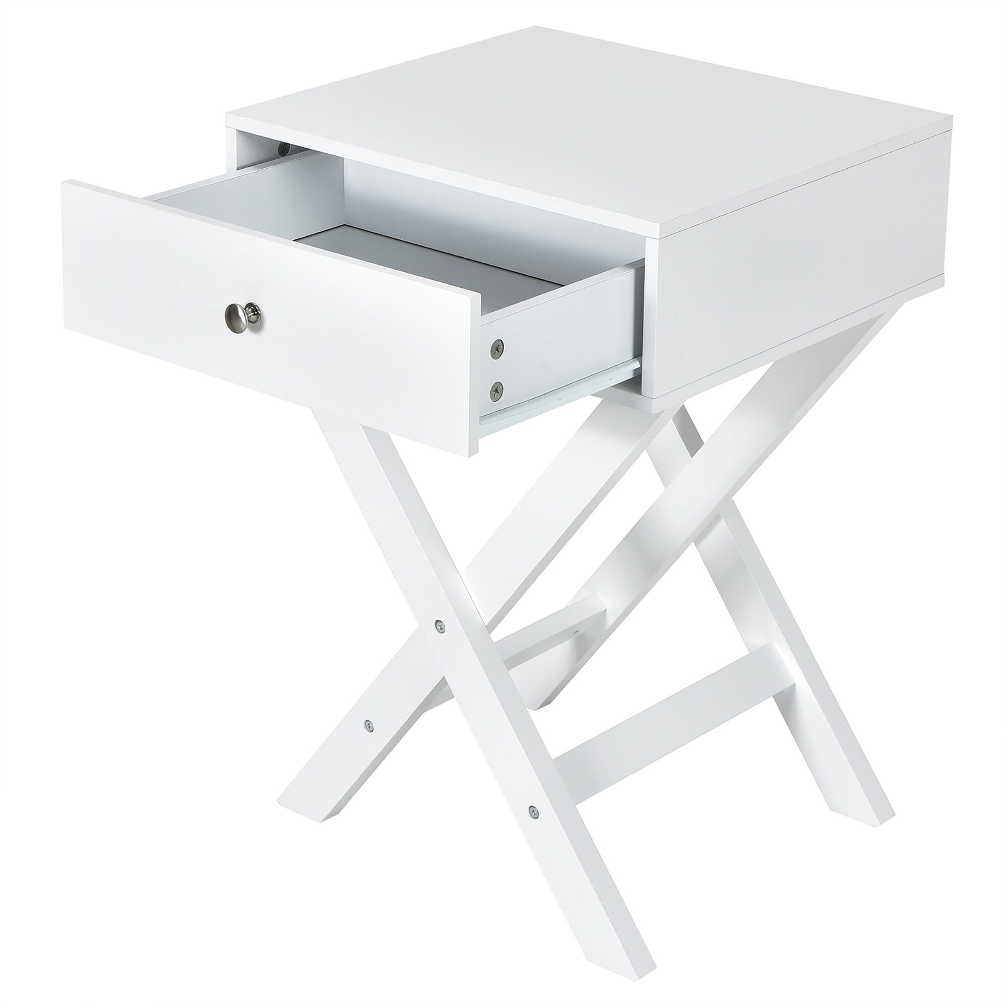 X Shaped End Table Modern Nightstand Sofa Side Table with Drawer White