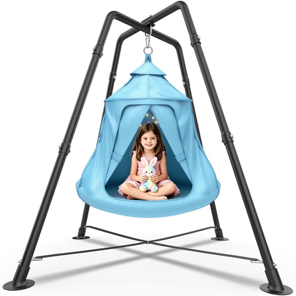X-Shaped Hammock Chair Stand with Swing Chair, Hanging Tree Tent with Swing Stand for Indoor Outdoor, 330lbs Weight Capacity, Blue