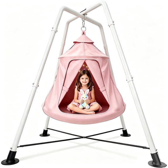 X-Shaped Hammock Chair Stand with Swing Chair, Hanging Tree Tent with Swing Stand for Indoor Outdoor, 330lbs Weight Capacity, Pink