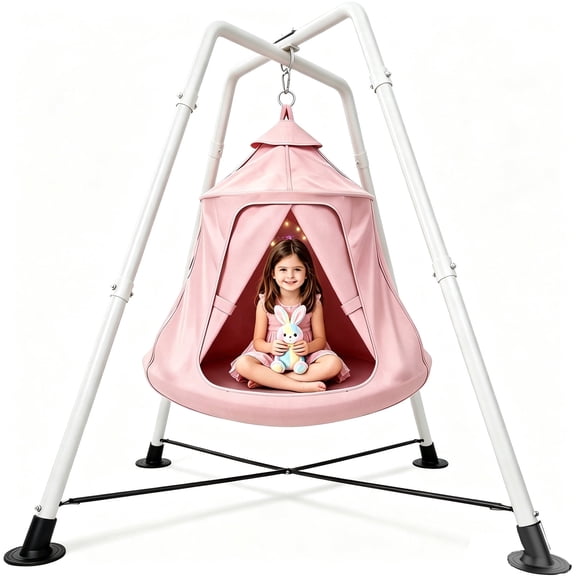 X-Shaped Hammock Chair Stand with Swing Chair, Hanging Tree Tent with Swing Stand for Indoor Outdoor, 330lbs Weight Capacity, Pink