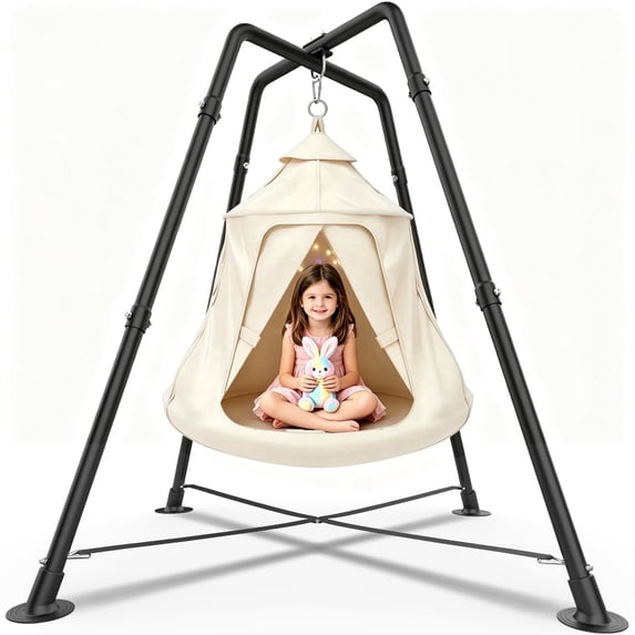 X-Shaped Hammock Chair Stand with Swing Chair, Hanging Tree Tent with Swing Stand for Indoor Outdoor, 330lbs Weight Capacity, White
