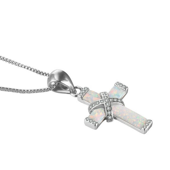 X-Shaped Opal Cross Necklace - Plated White Opal Pendant with Adjustable Chain, 19.69in Women's Elegant Jewelry