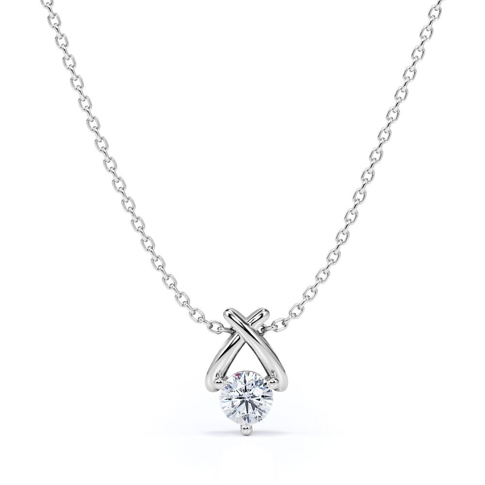 XShaped Round Cut Real Diamond Pendant Necklace in 18K White Gold over Silver