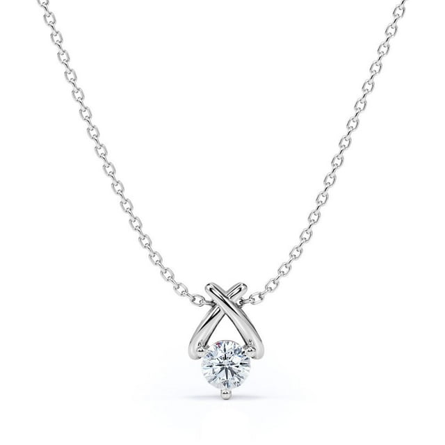 XShaped Round Cut Real Diamond Pendant Necklace in 18K White Gold over