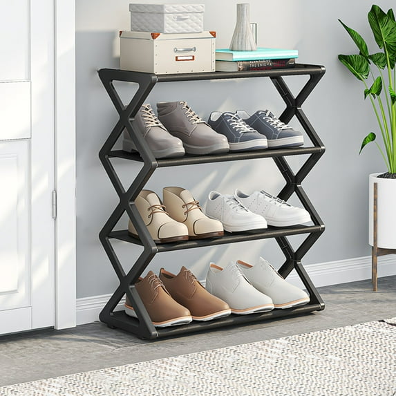 X-Shaped Shoe Rack – Heavy-Duty Space-Saving Organizer for Entryway, Closet, Dorm – Adjustable 4-Tier Plastic Shelf (Black, 19.5x16.5in, No-Tools Assembly)