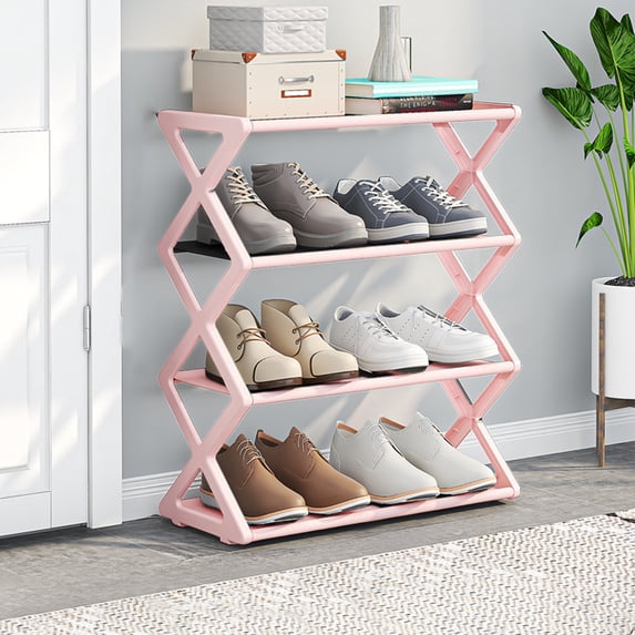 X-Shaped Shoe Rack – Space-Saving 4-Tier Shoe Organizer for Entryway, Dorm & Closet – Sturdy Steel Frame, Holds 12+ Pairs,Pink