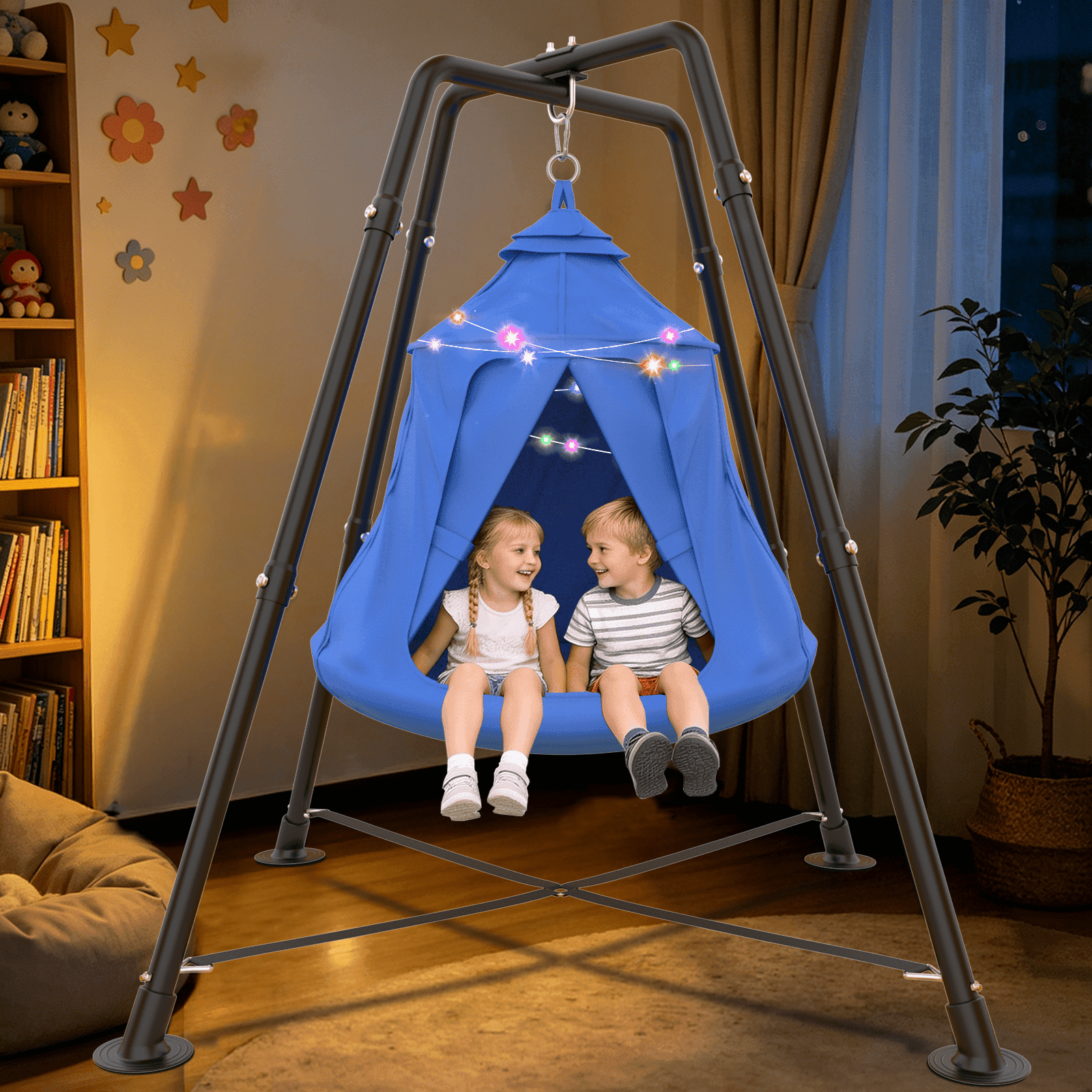 Yacona X-Shaped Swing Set, Sensory Swing with Stand, 330lbs Swing Stand Frame with Play Tent, Hammock Chair for Kids and Adults, Blue