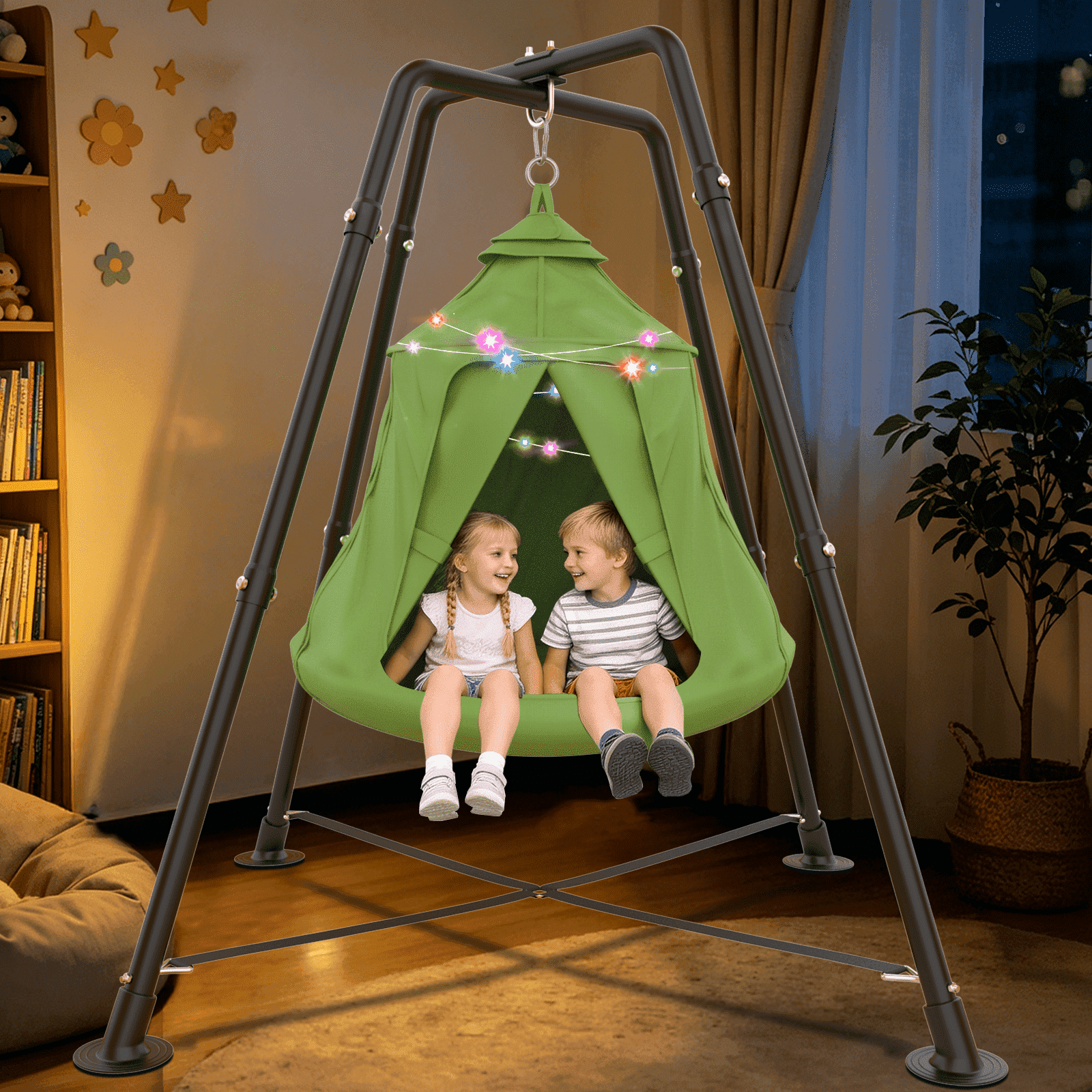 Yacona X-Shaped Swing Set, Sensory Swing with Stand, 330lbs Swing Stand Frame with Play Tent, Hammock Chair for Kids and Adults, Green