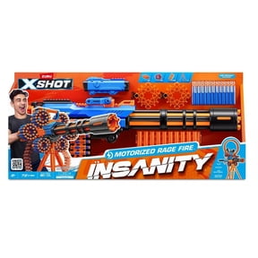 X-Shot Excel Insanity Motorized Rage Fire Gatling Blaster, Rapid Fire Foam Dart Blaster with Rotating Barrel, Includes Darts, Battery Powered