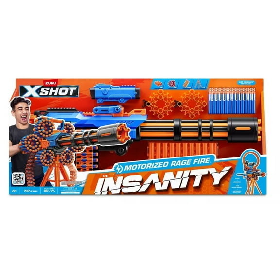 X-Shot Excel Insanity Motorized Rage Fire Gatling Blaster, Rapid Fire Foam Dart Blaster with Rotating Barrel, Includes Darts, Battery Powered