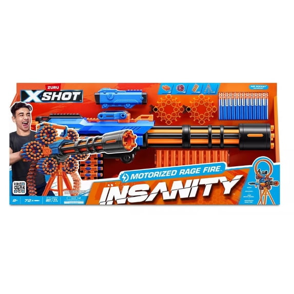 X-Shot Excel Insanity Motorized Rage Fire Gatling Blaster, Rapid Fire Foam Dart Blaster with Rotating Barrel, Includes Darts, Battery Powered