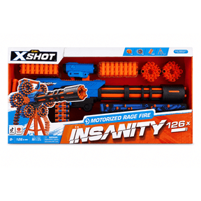 X-Shot Insanity Motorized Rage Fire Blaster with 126 Foam Darts, 2 Dart Belts, 2 Dart Chains & Tripod, Battery Powered Outdoor Toy