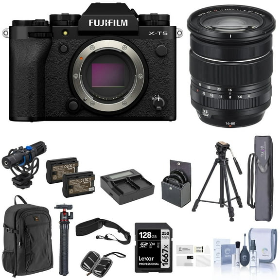 Fujifilm X-T5 Mirrorless Camera, Black with XF 16-80mm f/4.0 R OIS WR Lens, 128GB SD Card, Backpack, 2x Battery, Dual Charger, Camera Strap, Aluminum Tripod, Mic, and Accessories