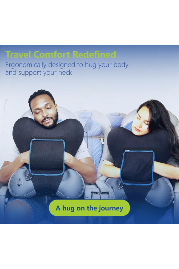 X-Travel Pillow - Inflatable Travel Pillow with Arm Pockets, Removable Cover, Compact for Airplane, Car, Train | Ergonomic Neck and Body Support for Comfortable Sleep Anywhere (Grey)