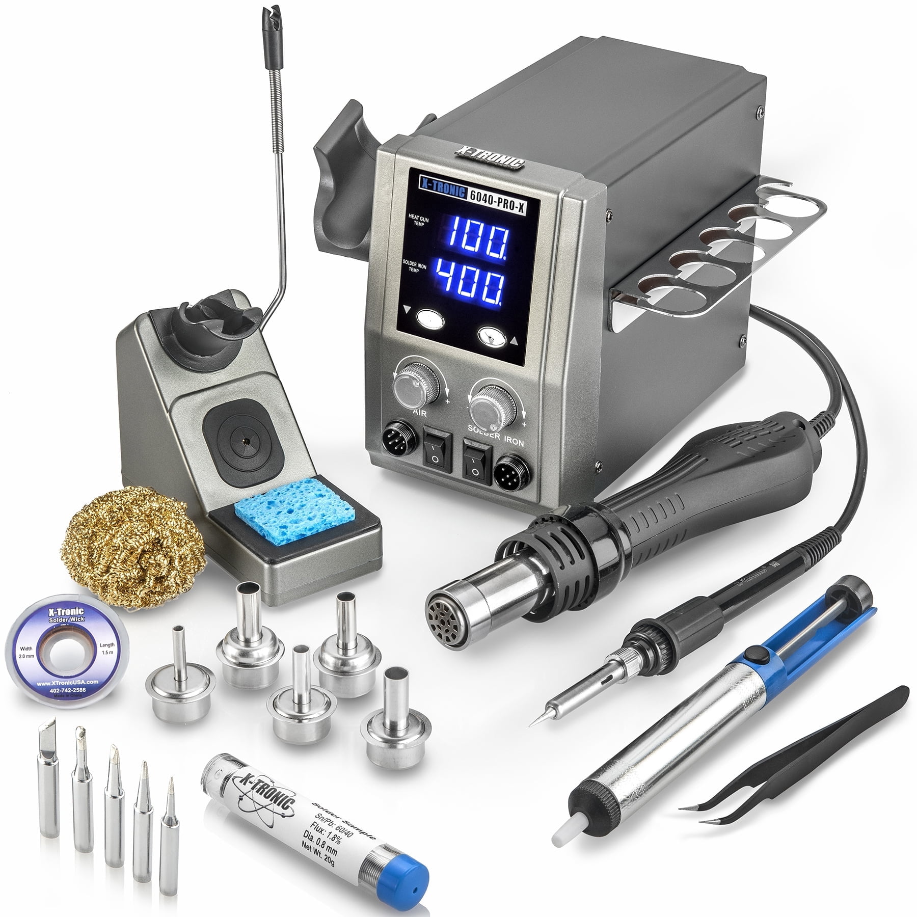 X-Tronic 6040-PRO-X 700 W Hot Air Rework Soldering Iron Station, 0-30 Min Sleep, Patented Nozzle Changer & More